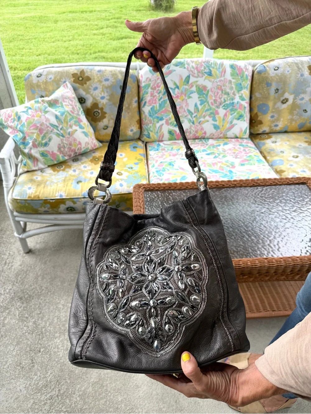 Brighton Anju Masterpiece Collection Pewter Leather Jeweled Shoulder Hobo Bag